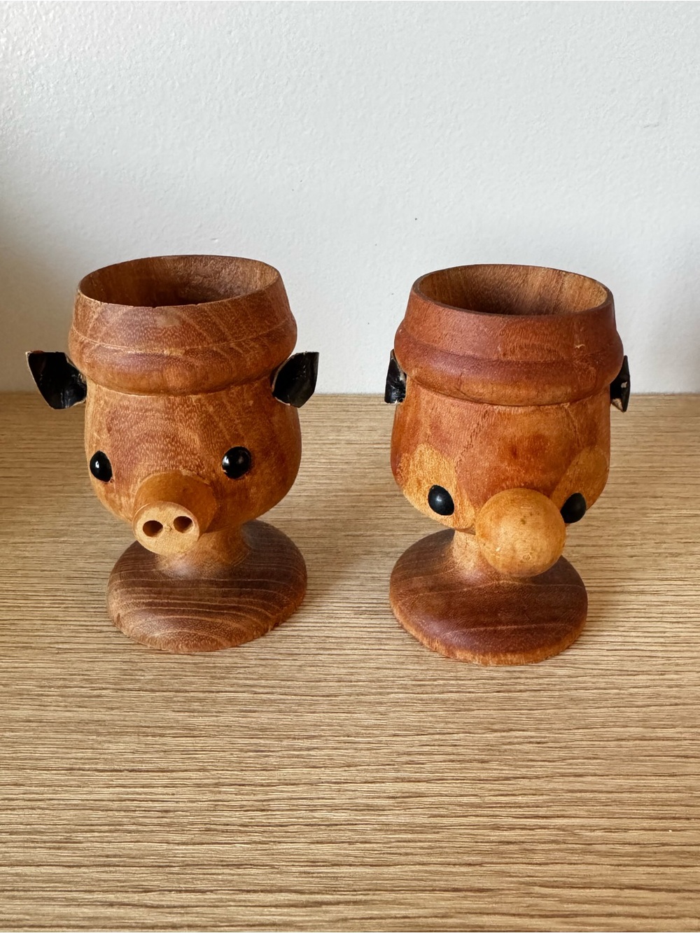 Enesco Hand-Carved Wooden Pig Head Egg Cups in Warm Brown and Black Accents